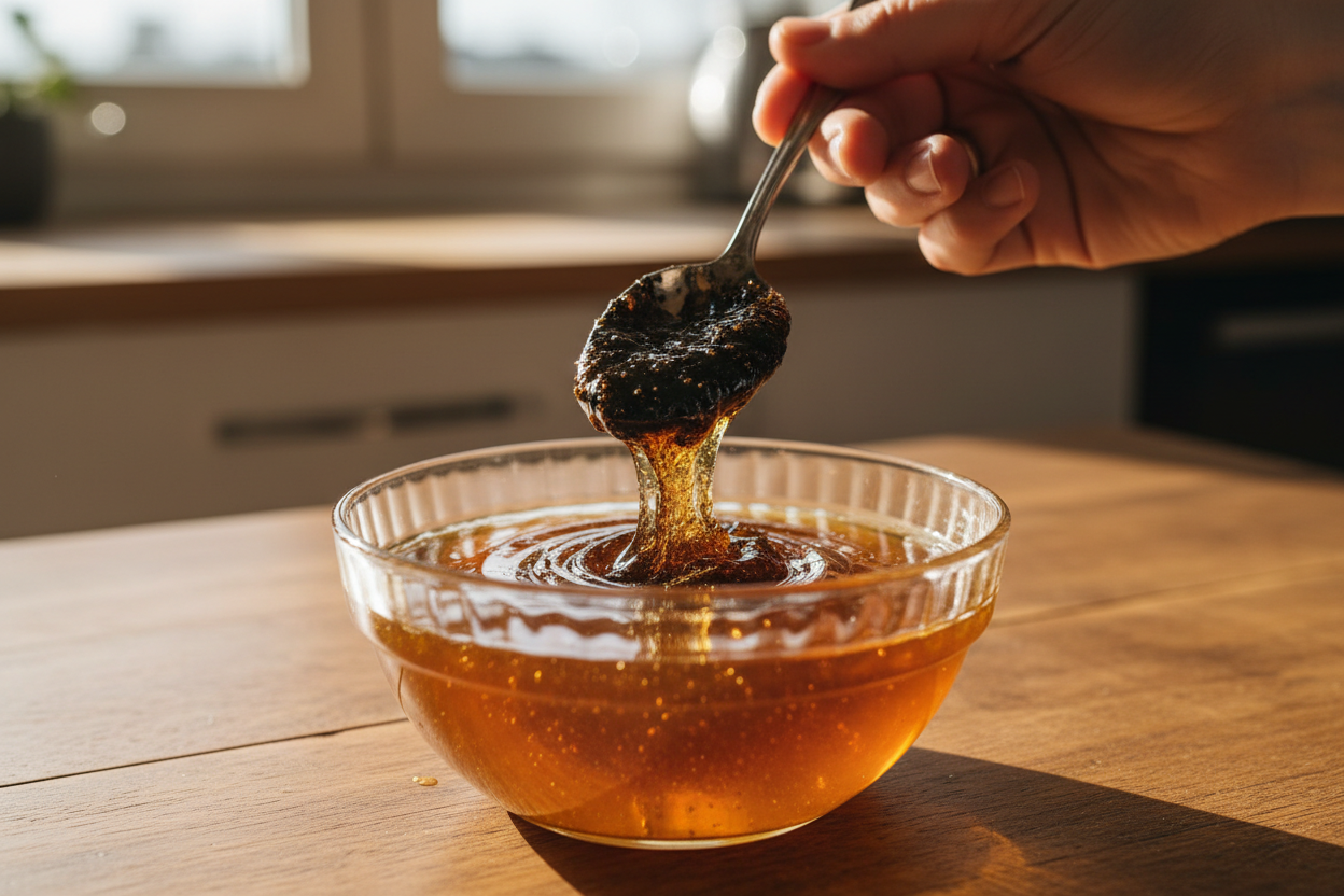 une main qui mélange une cuillère de shilajit dans du miel