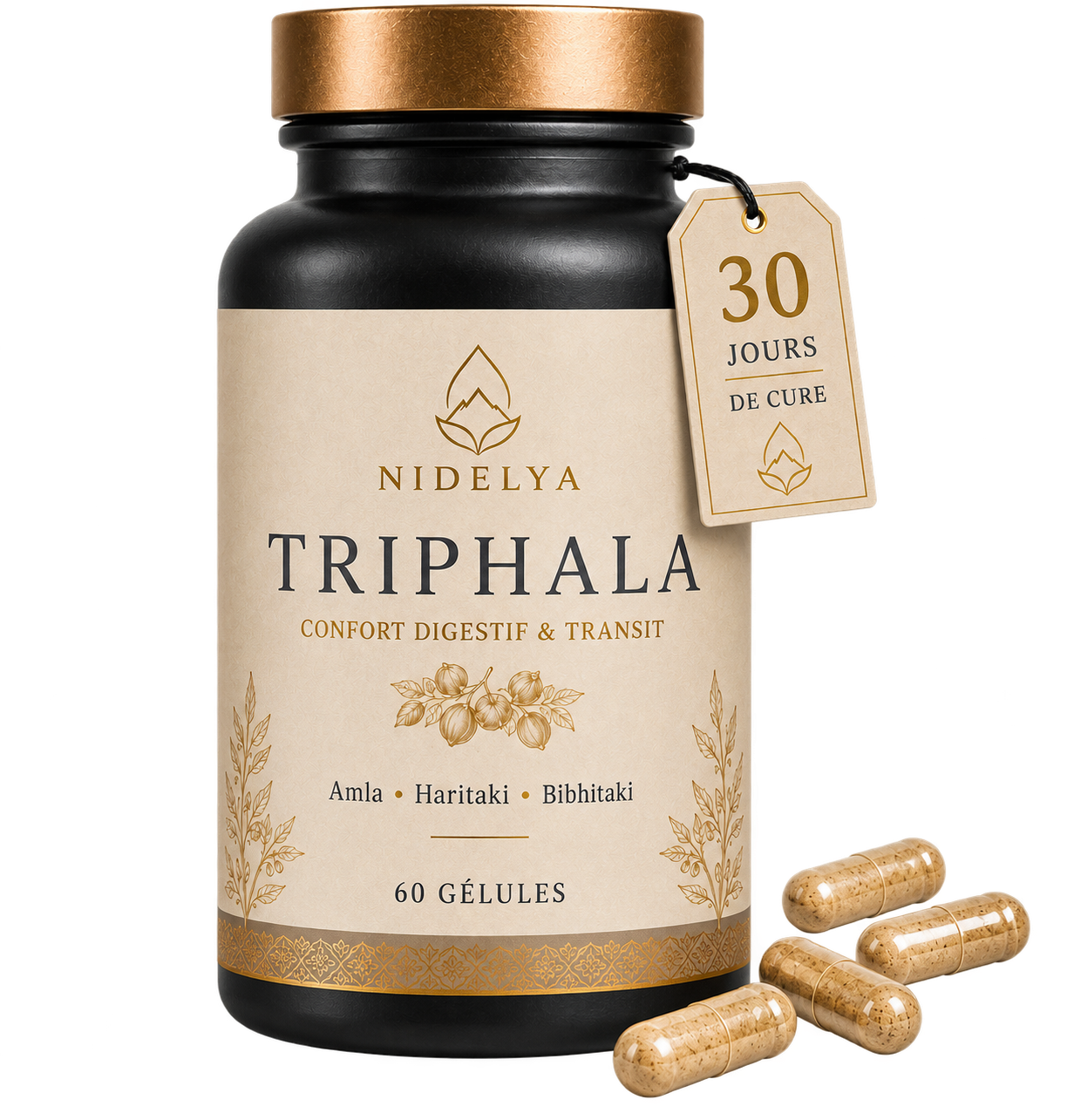 Flacon de Triphala Nidelya et gélules végétales